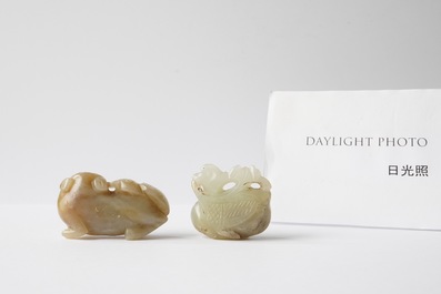 Five Chinese celadon and russet jade carvings, 19th C.