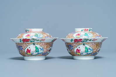 A pair of Chinese famille rose covered bowls, Yongzheng