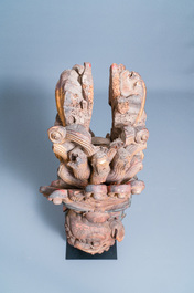 Two Chinese gilded and polychromed wooden colon fragments with Buddhist lions, 18/19th C.