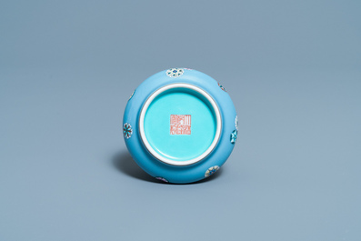 A Chinese lavender blue-ground famille rose 'flower balls' vase, Qianlong mark, Republic