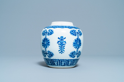 A Chinese blue and white 'Shou' jar, Kangxi