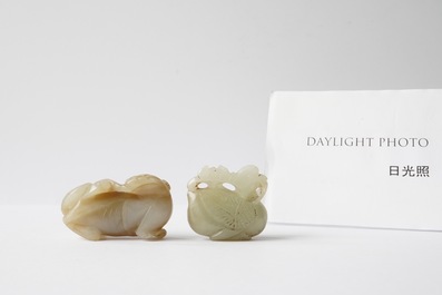 Five Chinese celadon and russet jade carvings, 19th C.