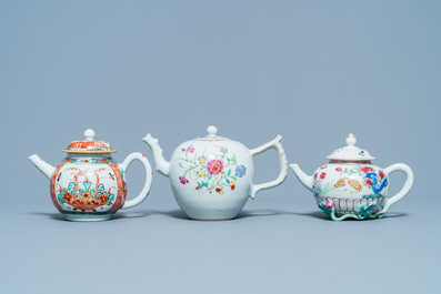 Two Chinese famille rose teapots and one Dutch-decorated teapot, Kangxi/Qianlong