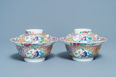 A pair of Chinese famille rose covered bowls, Yongzheng
