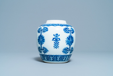 A Chinese blue and white 'Shou' jar, Kangxi