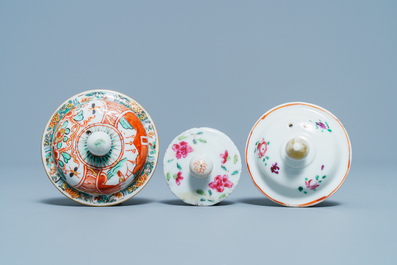 Two Chinese famille rose teapots and one Dutch-decorated teapot, Kangxi/Qianlong