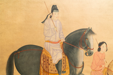Ecole chinoise, encre et couleurs sur soie, 19/20&egrave;me: 'Trois chevaliers'