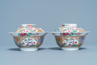 A pair of Chinese famille rose covered bowls, Yongzheng