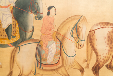 Ecole chinoise, encre et couleurs sur soie, 19/20&egrave;me: 'Trois chevaliers'