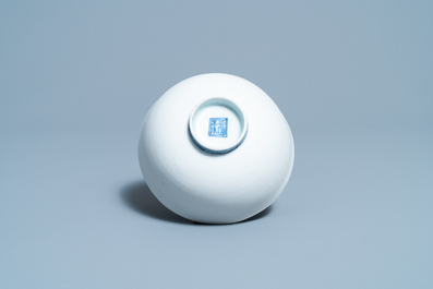 A rare Chinese blue and white 'mandarin ducks' bowl with matte-glazed exterior, Fu mark, Ming