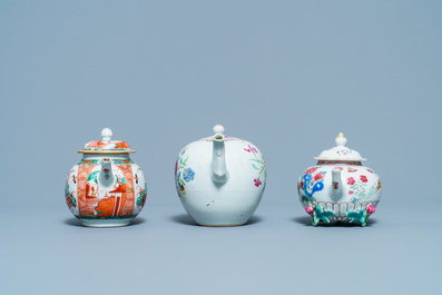 Two Chinese famille rose teapots and one Dutch-decorated teapot, Kangxi/Qianlong
