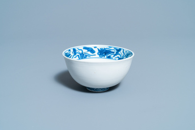 A rare Chinese blue and white 'mandarin ducks' bowl with matte-glazed exterior, Fu mark, Ming
