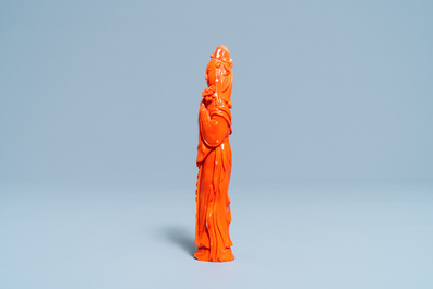 A Chinese carved red coral figure of a lady, 19/20th C.