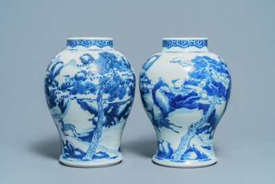 A pair of Chinese blue and white 'deer and crane' vases, Kangxi