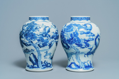 A pair of Chinese blue and white 'deer and crane' vases, Kangxi