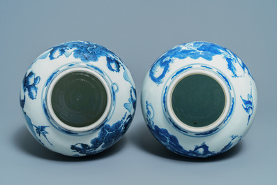 A pair of Chinese blue and white 'deer and crane' vases, Kangxi