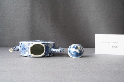 A rare Chinese blue and white circular teapot, Kangxi