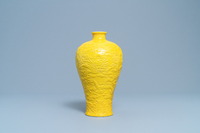 A Chinese relief-molded monochrome yellow meiping 'dragon' vase, Republic