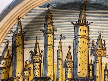 A large Italian maiolica dish with a view on San Gimignano, Deruta, 16/17th C.