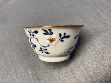Six Chinese blue, white and copper red cups and saucers, Kangxi