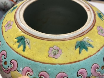 Four Chinese famille rose and qianjiang cai jars and covers, 19/20th C.