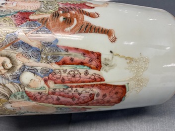 A Chinese famille rose 'luohan and mythical animals' vase, 19/20th C.