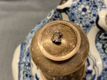 A Chinese silver-mounted blue and white 'frog' kendi, Wanli
