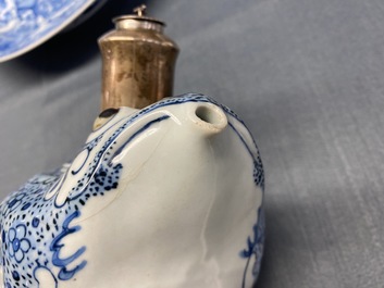 A Chinese silver-mounted blue and white 'frog' kendi, Wanli