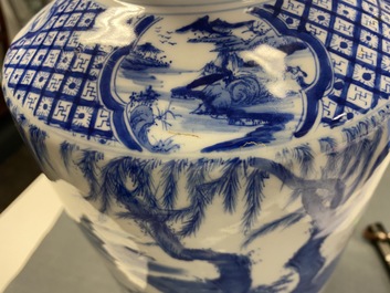 A Chinese blue and white rouleau vase, Kangxi mark, 19/20th C.