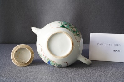 A Chinese famille verte teapot with a bird on a blossoming branch, Kangxi