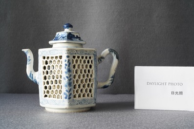 A Chinese blue and white reticulated double-walled teapot and cover, Kangxi
