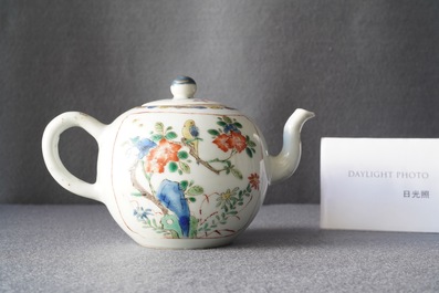 A Chinese famille verte teapot with a bird on a blossoming branch, Kangxi