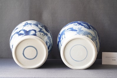A pair of Chinese blue and white 'deer and crane' vases, Kangxi