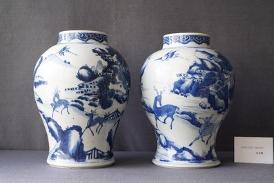 A pair of Chinese blue and white 'deer and crane' vases, Kangxi