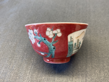 A Chinese famille rose ruby-ground cup and saucer, Yongzheng