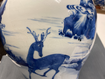 A pair of Chinese blue and white 'deer and crane' vases, Kangxi