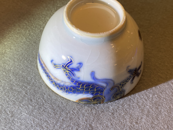 Six Chinese doucai 'dragon' cups and saucers, Kangxi