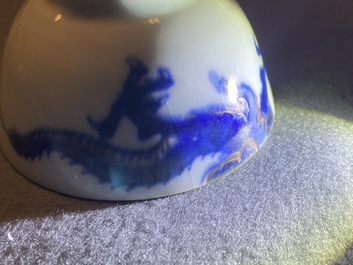 Six Chinese doucai 'dragon' cups and saucers, Kangxi