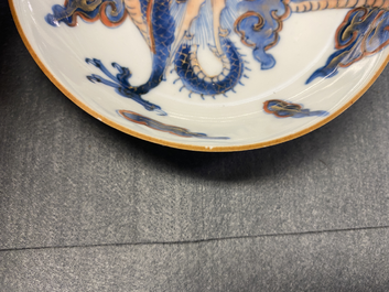 Six Chinese doucai 'dragon' cups and saucers, Kangxi