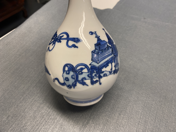 A Chinese blue and white 'antiquities' bottle vase, Kangxi
