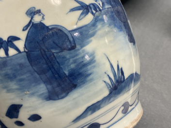 A Chinese blue and white jar with figures in a landscape, Wanli