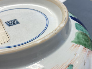 A large Chinese famille verte bowl with figurative design, Kangxi
