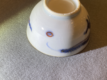 Six Chinese doucai 'dragon' cups and saucers, Kangxi