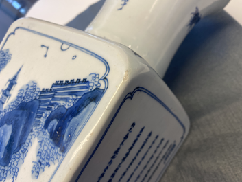 Un vase de forme carr&eacute;e en porcelaine de Chine en bleu et blanc, marque et &eacute;poque de Kangxi