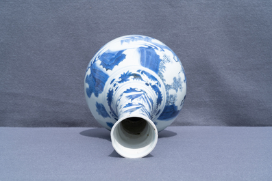 A Chinese blue and white bottle vase with figures in a landscape, Transitional period