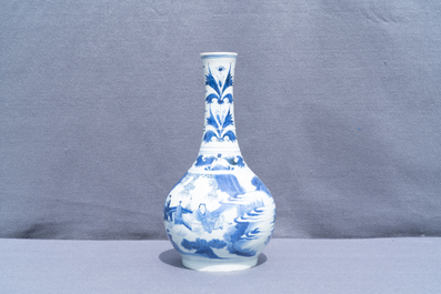 A Chinese blue and white bottle vase with figures in a landscape, Transitional period