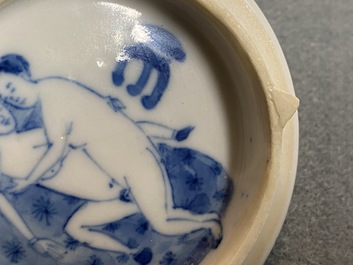 A rare Chinese blue and white 'erotical subject' box and cover, Kangxi