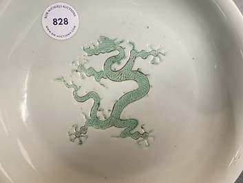 A Chinese incised and green-glazed 'dragon' dish, Hongzhi mark, Ming
