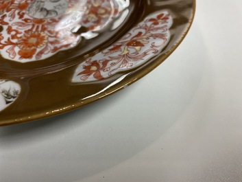 Six Chinese iron red and grisaille capucin brown-ground plates, Qianlong
