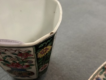 Two Chinese famille rose cups and saucers, Yongzheng/Qianlong